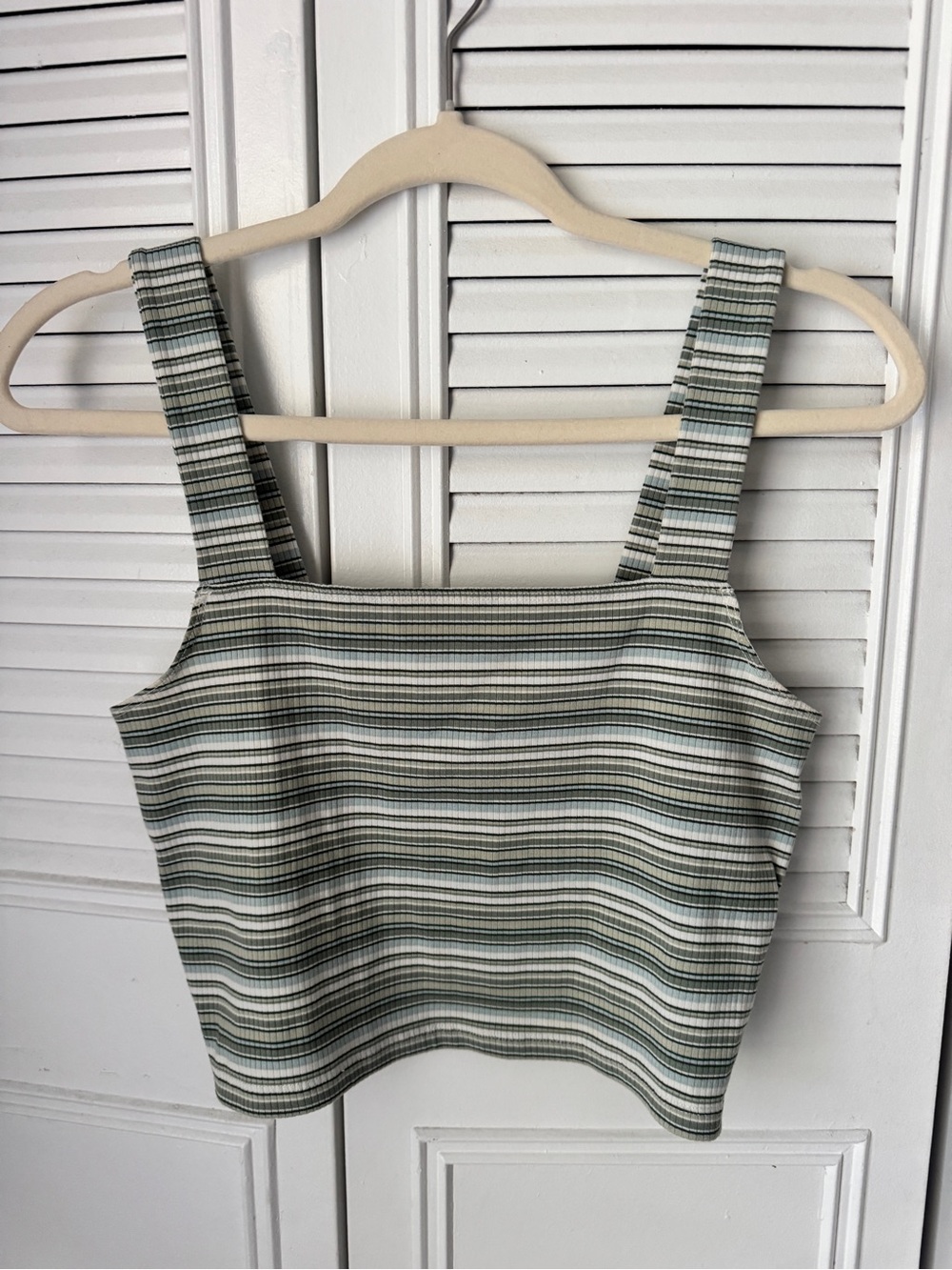 American Eagle Outfitters Green and White Striped Square-Neck Crop Top